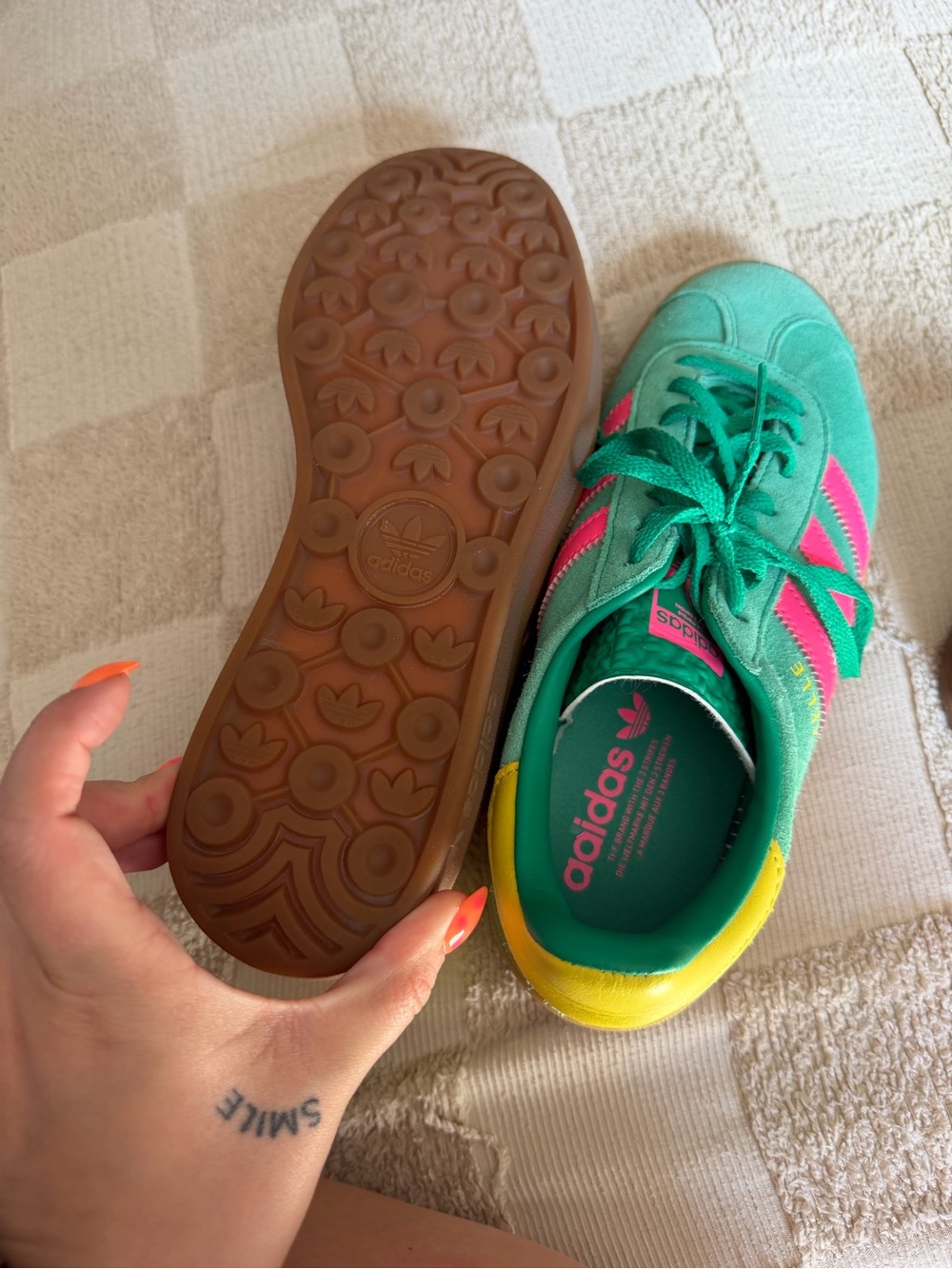 adidas Women’s Teal Suede Sneakers with Pink Three Stripes and Yellow Heel - Picture 5 of 7